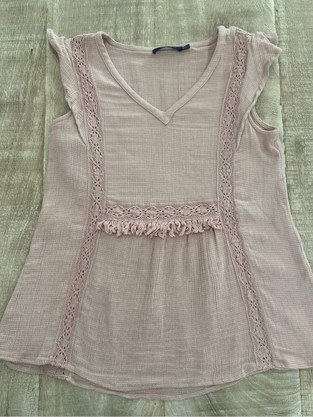 Doe & Rae Boho Crochet Fringe Top | Size M | Blush Beige Cotton Sleeveless